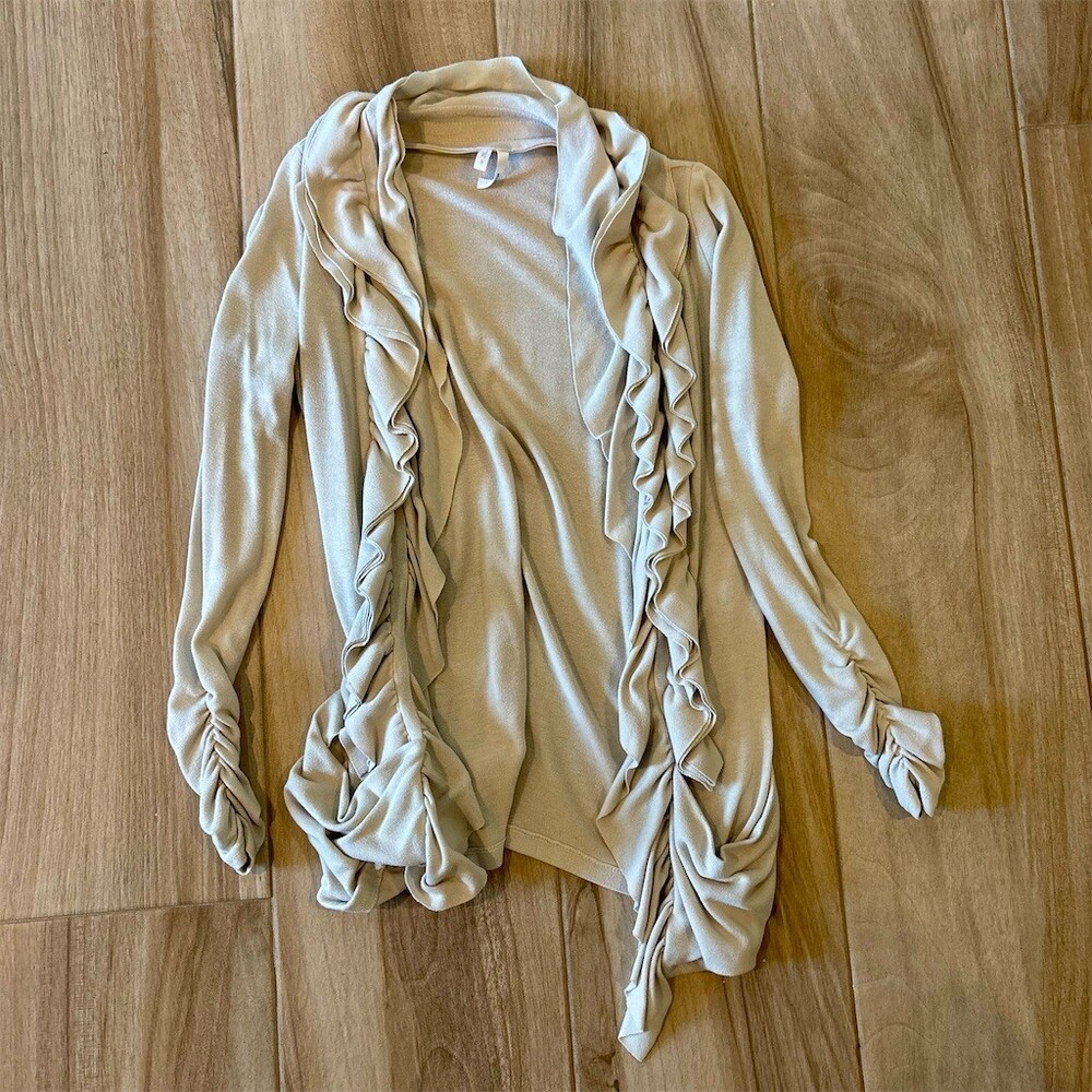 Studio Y Cardigan Sweater Womens Size S Beige Ruffle Front Open Draped